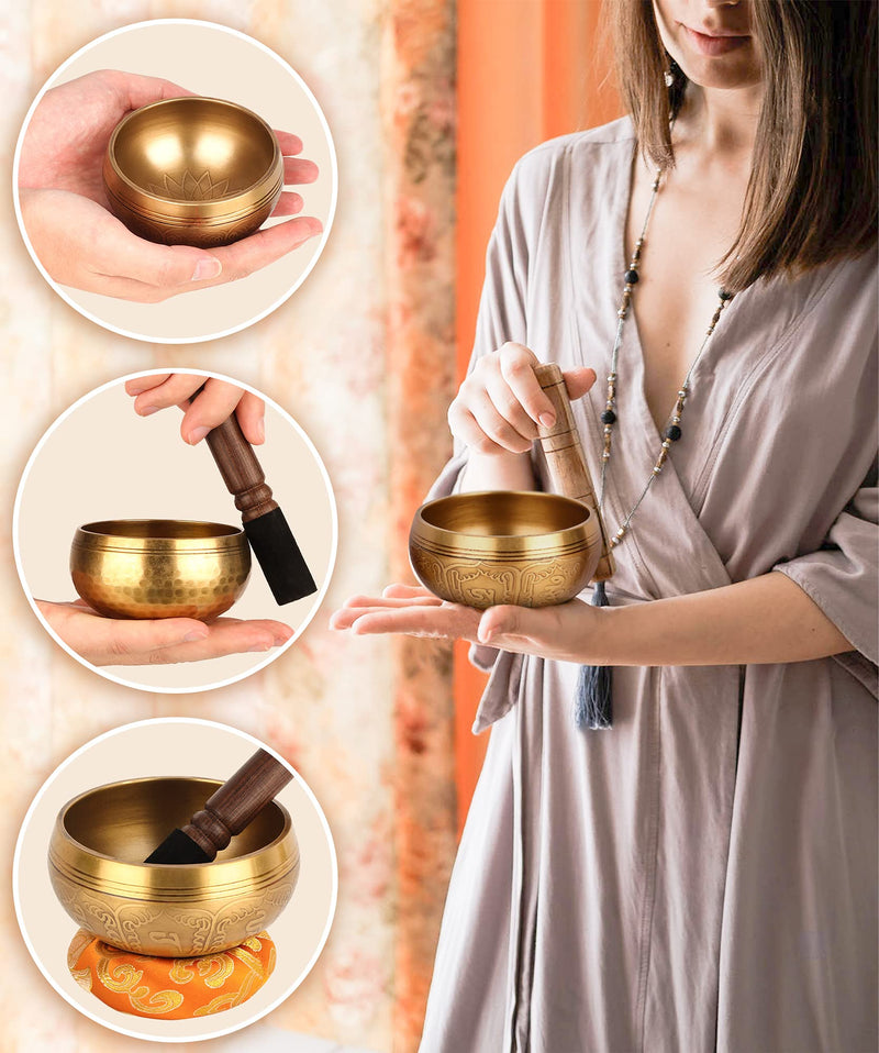 Tibetan Singing Bowls Set-Hand-hammered in Nepal Sound Bowl for Meditation, Yoga, Chakra, Meditation Accessories, Unique Gifts for Women, Men (Yellow, 4 inch) Yellow
