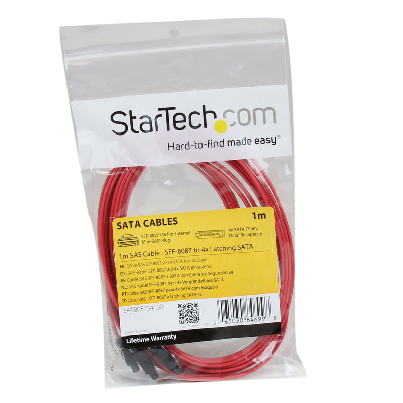 StarTech 1m Internal Mini SAS to SATA Cable (SAS8087S4100) | SFF-8087 to 4x Latching SATA