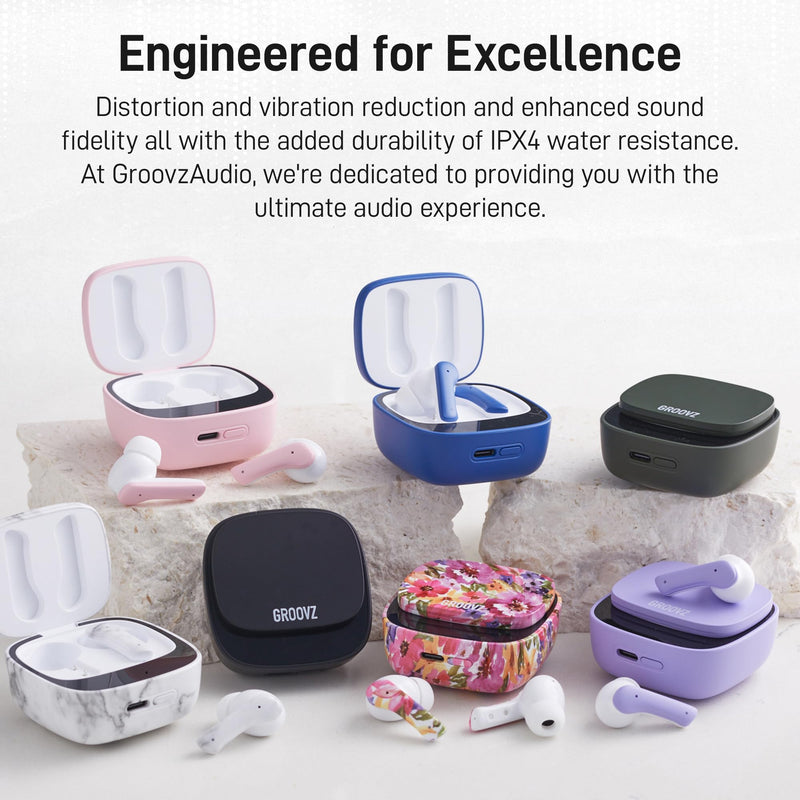 Groovz True Wireless Earbuds with Charging Case - Designed and Engineered in The USA - IPx4 Water Resistant Bluetooth Earbuds Compatible with Apple and Android - 27Hrs Battery Life - Peacock