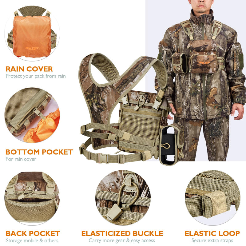 NEW VIEW Binocular Harness Chest Pack with Detachable Rangefinder Pouch, Adjustable Bino Harness & Rain Cover, Ideal for Hunting, Hiking - Camo & Quiet L