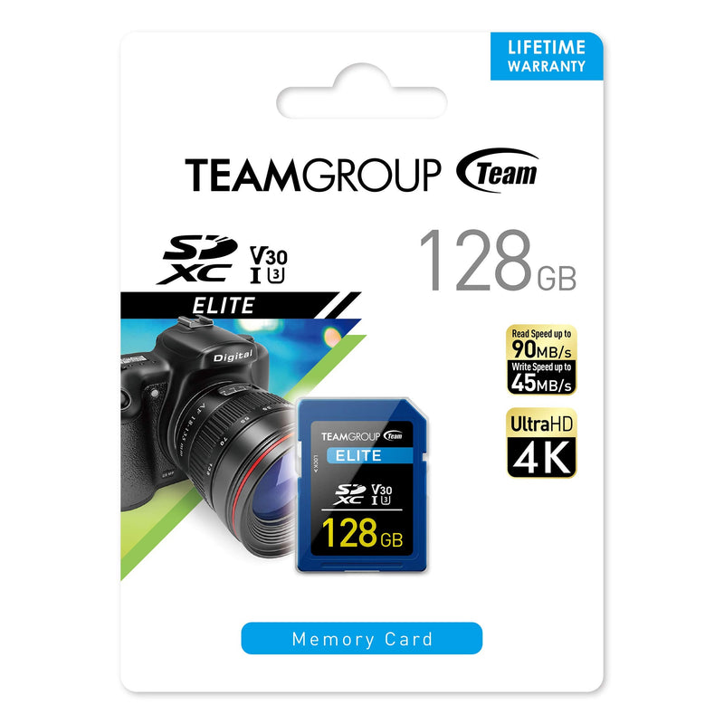 TEAMGROUP Elite 128GB UHS-I U3 V30 4K UHD Read Speed up to 90MB/s SDXC Memory Card for Professional Vloggers, Filmmakers, Photographers & Content Curators TESDXC128GIV3001 ELITE U3 V30