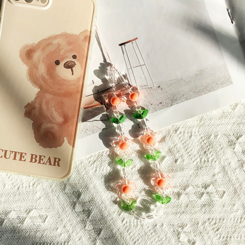Flower Phone Charm Cute Phone Charms Strap Beaded Phone Keychain Pearl Phone Lanyard for Women Girls Style #1- Flower Orange&Pink