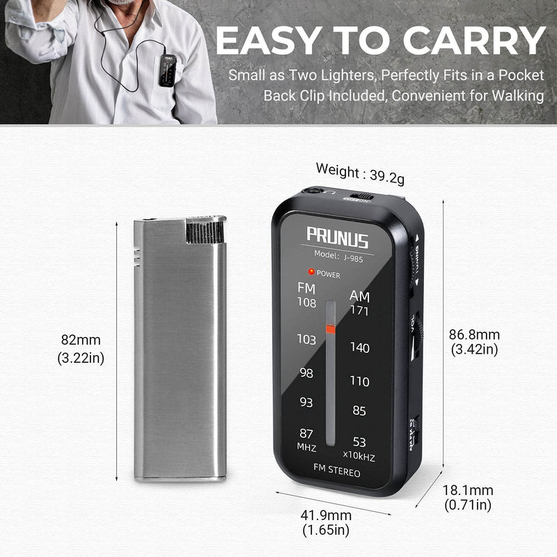 Pocket Radio Mini AM FM Stereo Radio Portable Battery Operated Radio, Includes Headphones, with Back Clip and Signal Indicator, Operated by AAA Batteries for Hurricane,Walking,Running,J-985 by PRUNUS Black