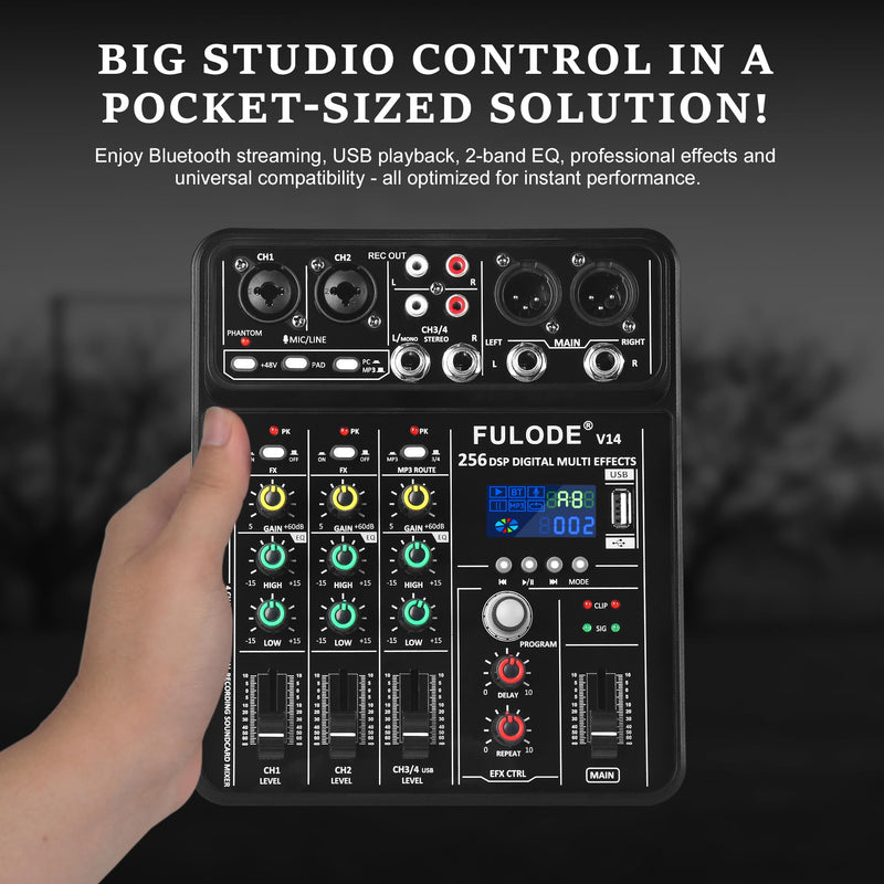 4 Channel Mixer DJ Audio Mixing Console with 256DSP, Small Music Sound Mixer Board Supports USB Bluetooth MP3 Computer Input, 48V Phantom Power & PAD Function for Recording Studio Streaming V14
