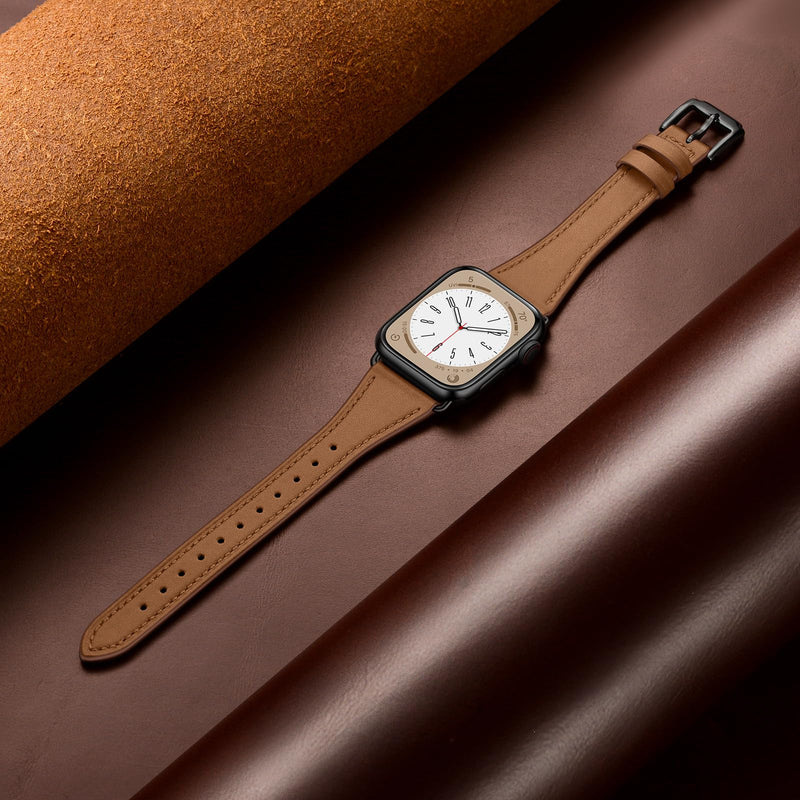XCCYBTT Slim Leather Bands Compatible with Apple Watch Band 42mm 41mm 40mm 38mm, Genuine Leather Band Strap for iWatch Series 10/9/8/7/6/5/4/3/2/1/SE Women, Brown/Rose Gold and Brown/Black