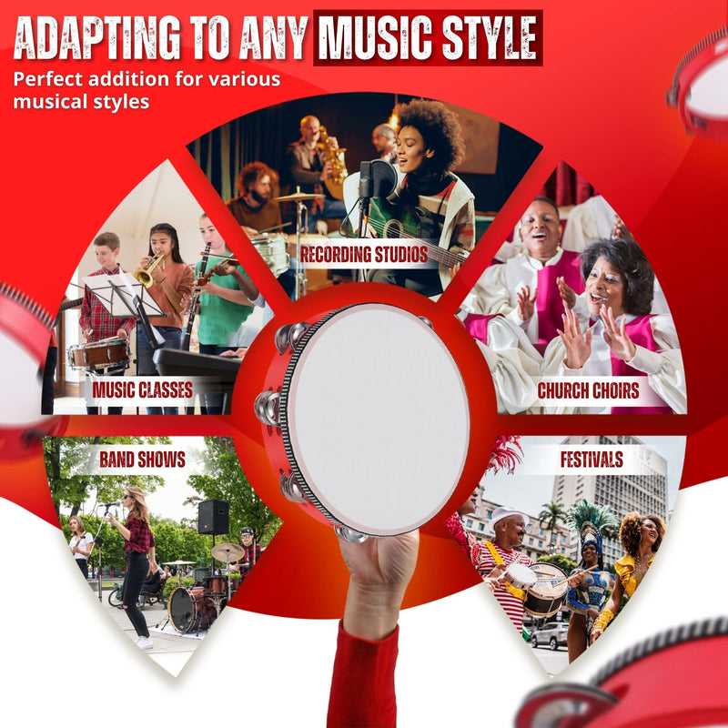 Flexzion Wood Handheld Tambourine Adults 6-Inch Double Row 8-Pair Jingles (Red) - Percussion Round Tamborines Musical Instrument with Metal Zills 6 Inch Double Row - Red
