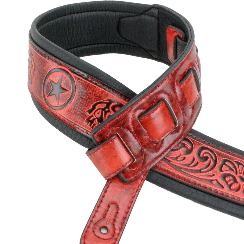 Walker & Williams GB-122 Black Cherry Padded Guitar Strap with Texas Star and Skull Design For Acoustic, Electric, And Bass Guitars