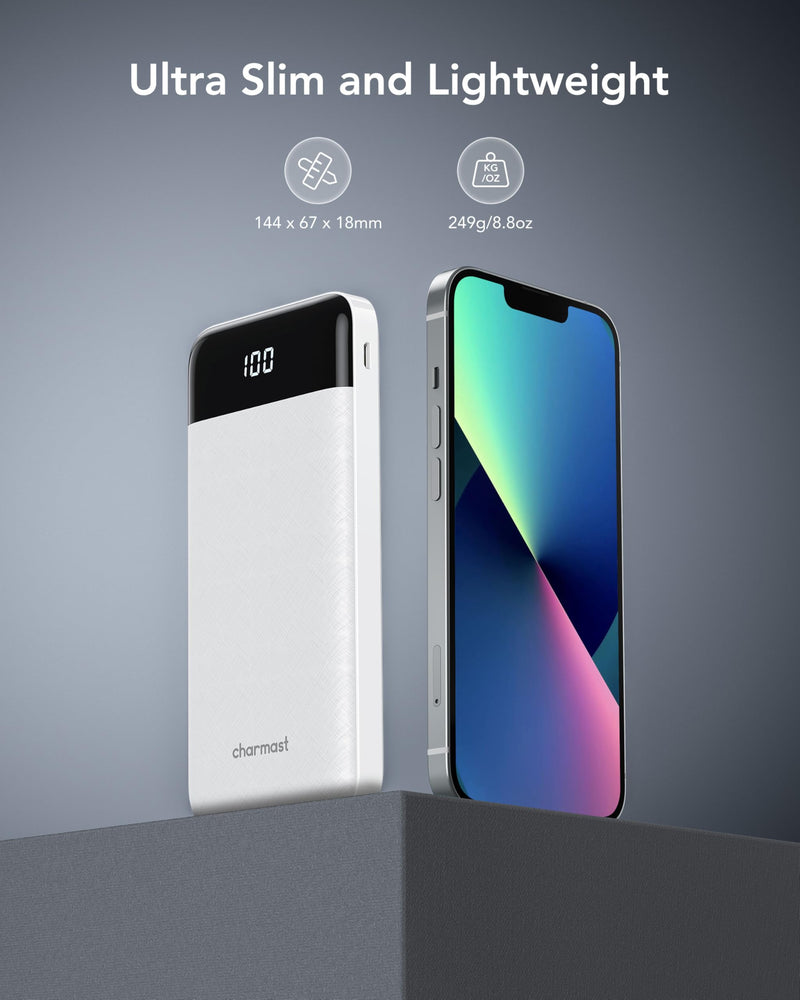 Portable Charger with Built in Cables, Portable Charger with Cords Wires Slim 10000mAh Travel Battery Pack 6 Outputs 3 Inputs 3A Fast Charging Power Bank for Samsung Google Pixel LG Moto iPhone iPad White