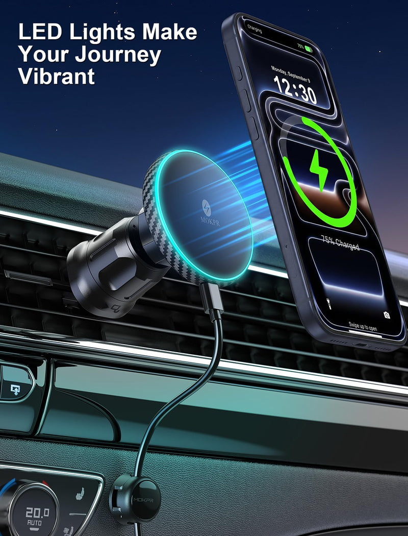for iPhone Magsafe Car Mount Charger Vent-LED Wireless Car Charger | Magnetic Car Phone Holder HandsFree Car Mount Fast Car Charger for iPhone 17/16/15/14/13/12 Series Carbon Firber Gcarbon fiber