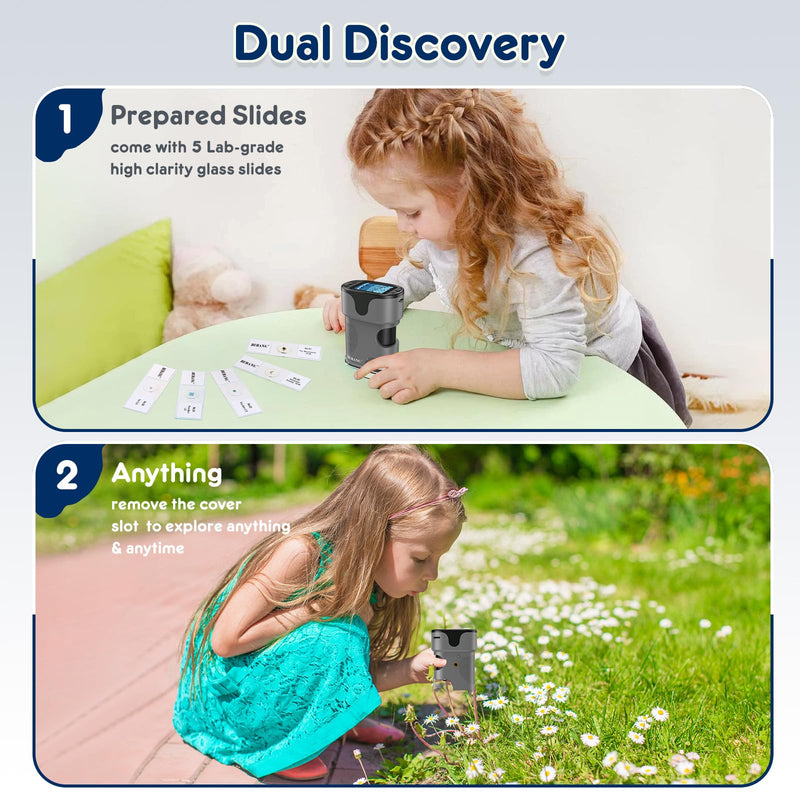 1000X Handheld Microscope for Kids 4K 2.0" Screen Rechargeable Mini Pocket Digital Microscopes w/Slides Kit Portable Edu Gift Age 4-6 8-12 Children Students (Grey)