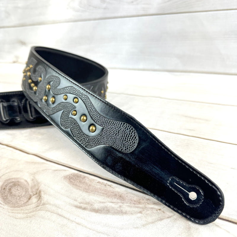 Walker & Williams GE-217 Midnight Blue Handmade Padded Leather Guitar Strap with Celtic Tooling and Brass Studs For Electric, Acoustic, And Bass Guitars