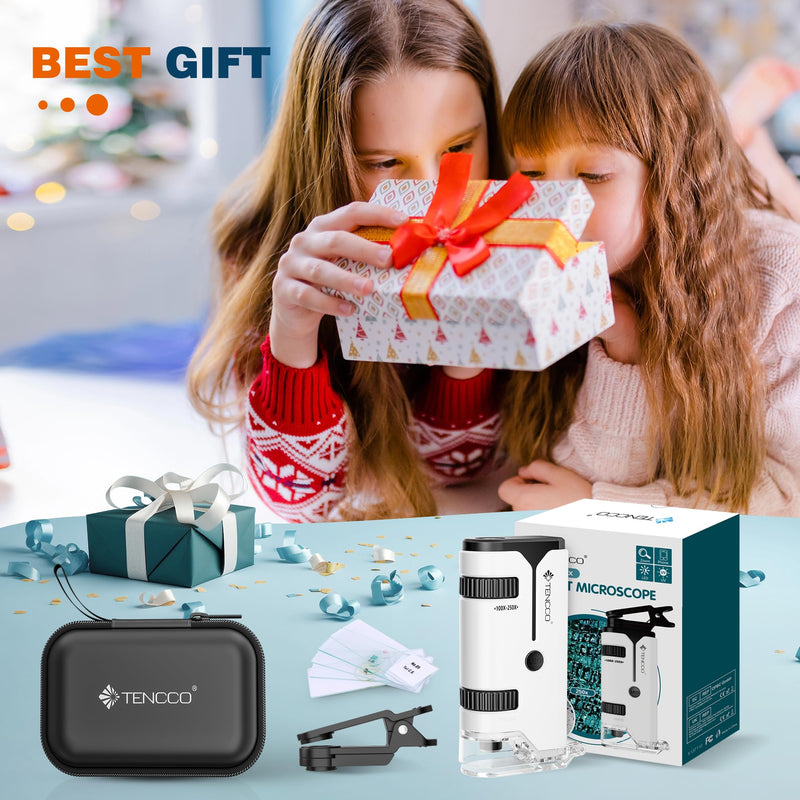 100x-250x Mini Pocket Microscope for Kids Adults, Protable Handheld Microscope with 5 Microscope Slides, Phone Adapter, Miniscope Portable Microscope Kit for Kids Adults Science Lab Education,White White