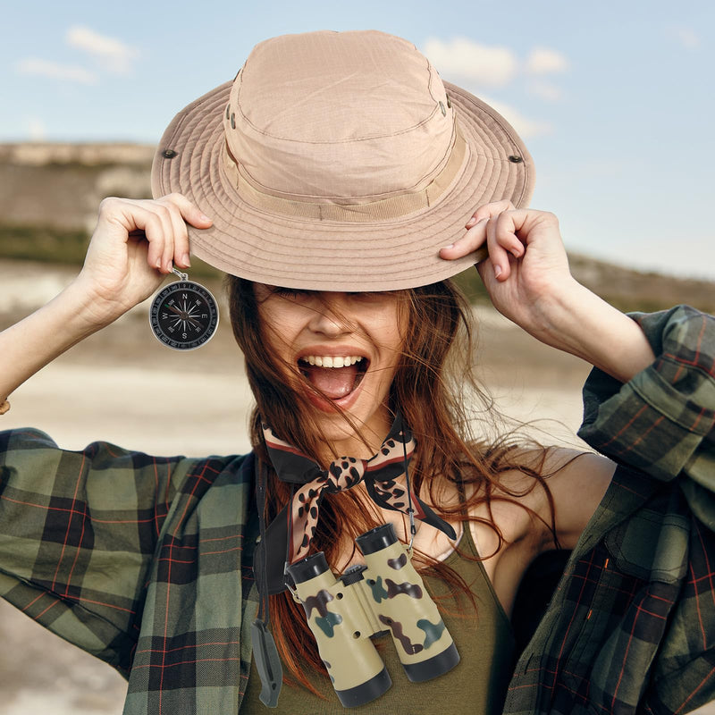 5 Pcs Women Safari Costume Sun Bucket Hat Leopard Neck Scarf Binocular Whistle Compass Safari Outfit Accessories for Halloween Hunting Cosplay