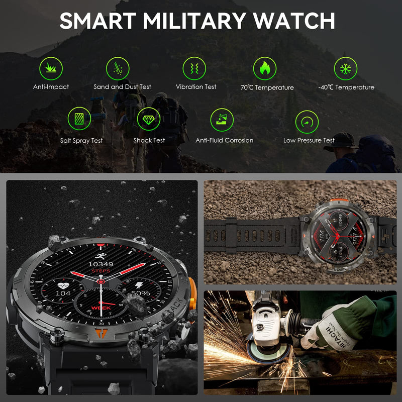 Military Smart Watch for Men with LED Flashlight 1.45" HD Bluetooth Calling | Rugged Tactical Smartwatch, Outdoor Sports Fitness Tracker Watch with Heart Rate Sleep Monitor for iPhone Android Phone Black + Extra Stainless Steel Band