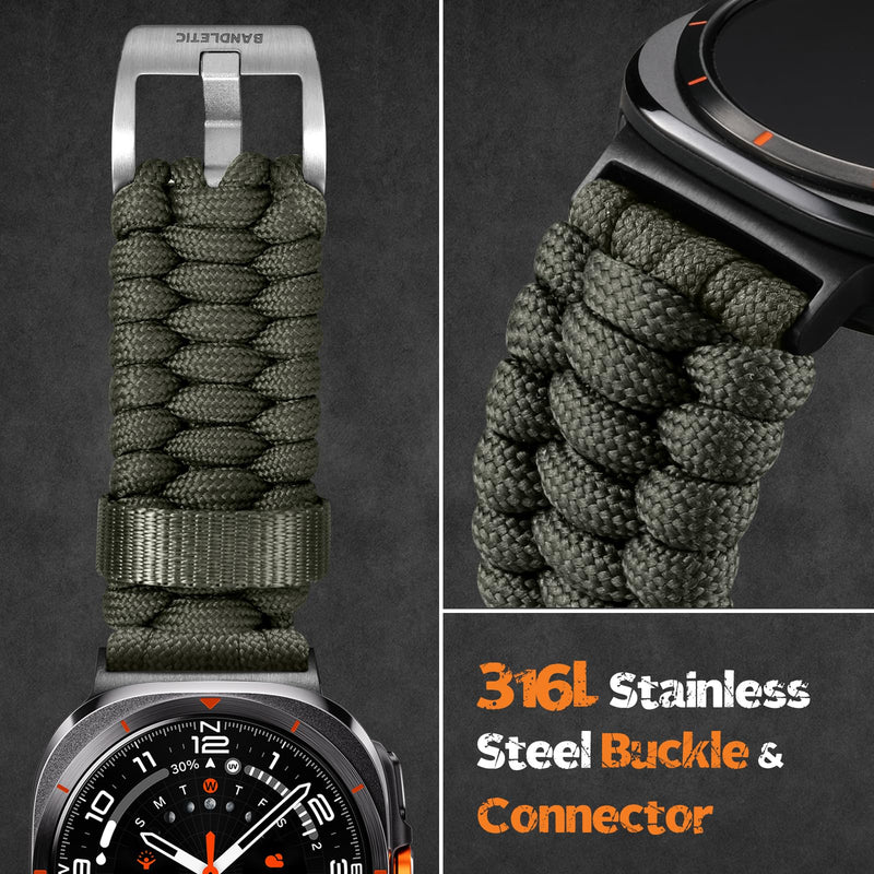 Bandletic Paracord Bands Compatible with Samsung Galaxy Watch Ultra | Rugged Handmade Woven Braided Tactical Military Survival Nylon, For Galaxy Watch Ultra 3 2 1 2026 2025 2024 47mm Titanium Buckle-Army Green Large (6.7"-7.7")