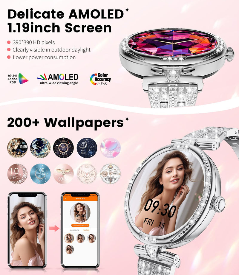 LIGE Smart Watches for Women (Answer/Make Call) with Diamonds,1.19” AMOLED Smartwatch with Heart Rate/Sleep Monitor,IP68 Waterproof Fitness Tracker 120 Sport Modes Pedometer for Android iOS,Sliver Silver
