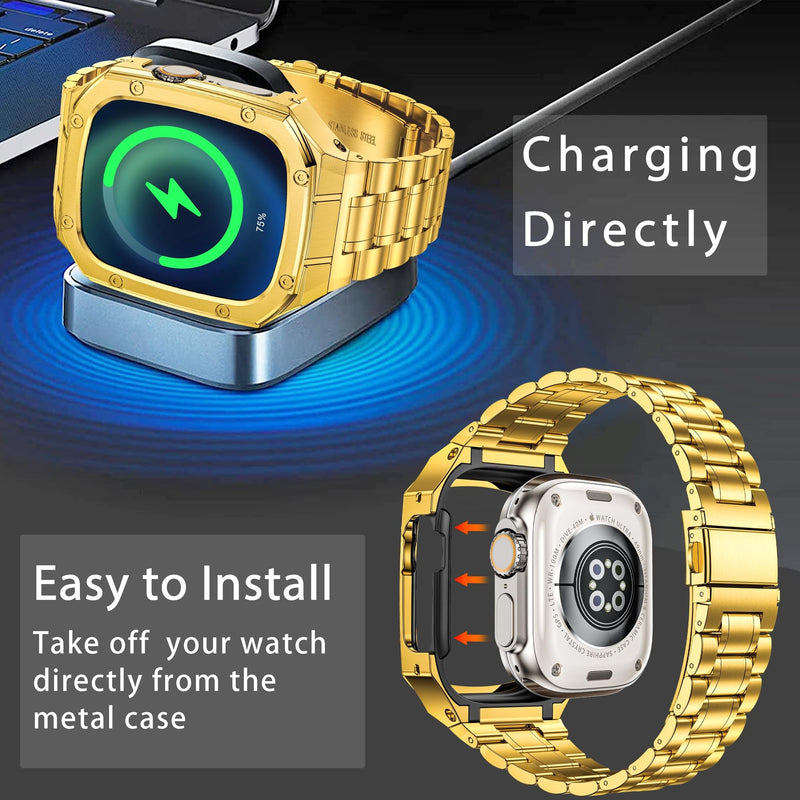 Stainless Steel Case and Band Compatible with Apple Watch Ultra 49mm | Apple Watch Metal Strap and Cover for iWatch Series Ultra 3/2/1 49mm for Men, Gold 49mm(Ultra 3/2/1)