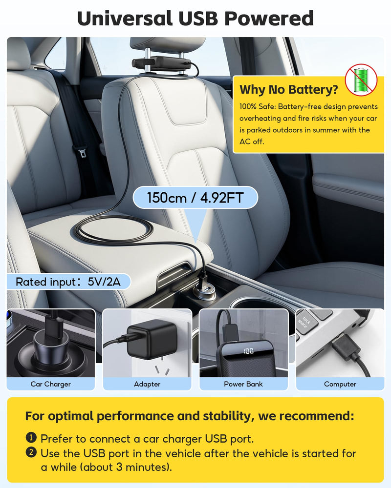 2Pack Car Seat Fan, Bladeless Dual Airflow, USB Powered for Car Headrest | For front & back car seats, no built-in battery, non-rechargeable, 3 Speed quiet, fits 4.92–6.9 in headrest posts