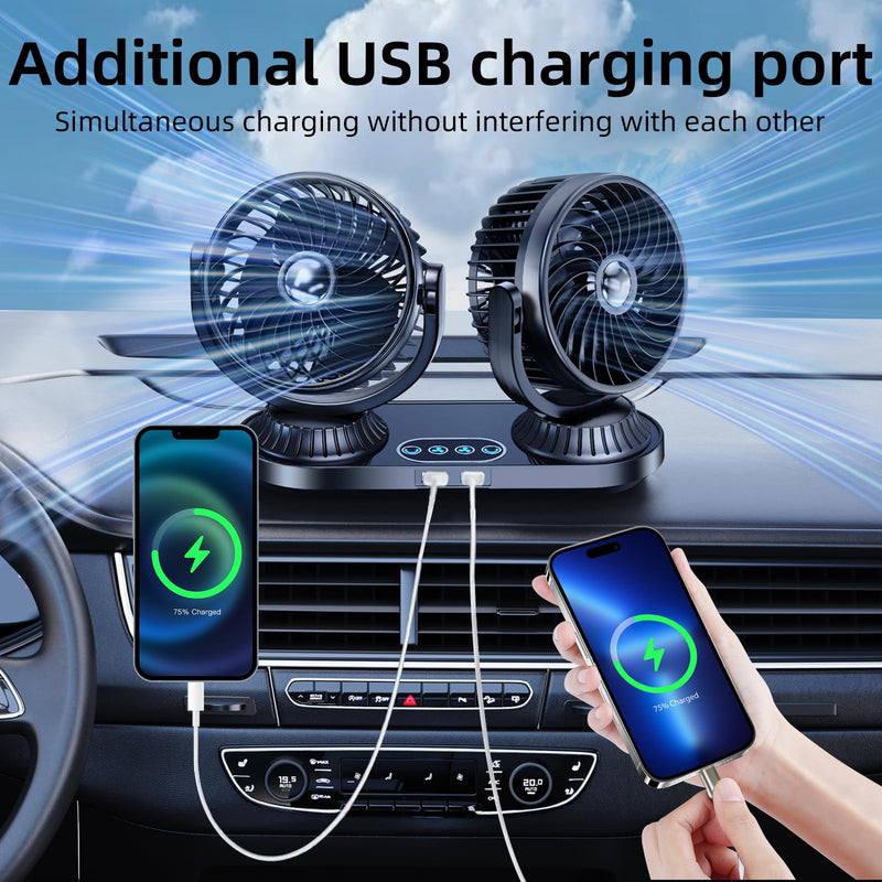 Dual Head Car Fan 12v 24 Volt Universal,270°Oscillating Cigarette Lighter Powered Cooling Fan for Vehicles [with 2 USB Charging Ports],360°Rotating Car Fans that Blow Cold Air for SUV Trucks