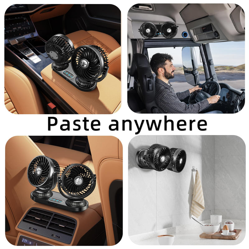 Dual Head Car Fan 12v 24 Volt Universal,270°Oscillating Cigarette Lighter Powered Cooling Fan for Vehicles [with 2 USB Charging Ports],360°Rotating Car Fans that Blow Cold Air for SUV Trucks