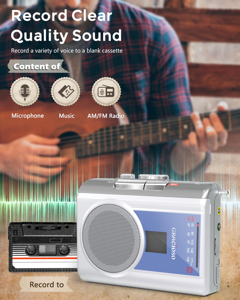 [AUSTRALIA] - Gracioso Protable Cassette Recorder Player: AM FM Compact Cassette Tape Player with Big Speaker & Earphone Jack, Build in Microphone,Cassette Player Powered by DC or AA Battery Sliver 