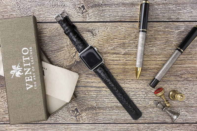 Venito Tuscany Leather Watch Band Compatible with Apple Watch 38mm 40mm - Watch Strap Designed for iwatch Series 1 2 3 4 5 6 7 SE (Black Crocodile w/Silver Connector & Clasp) Product Name