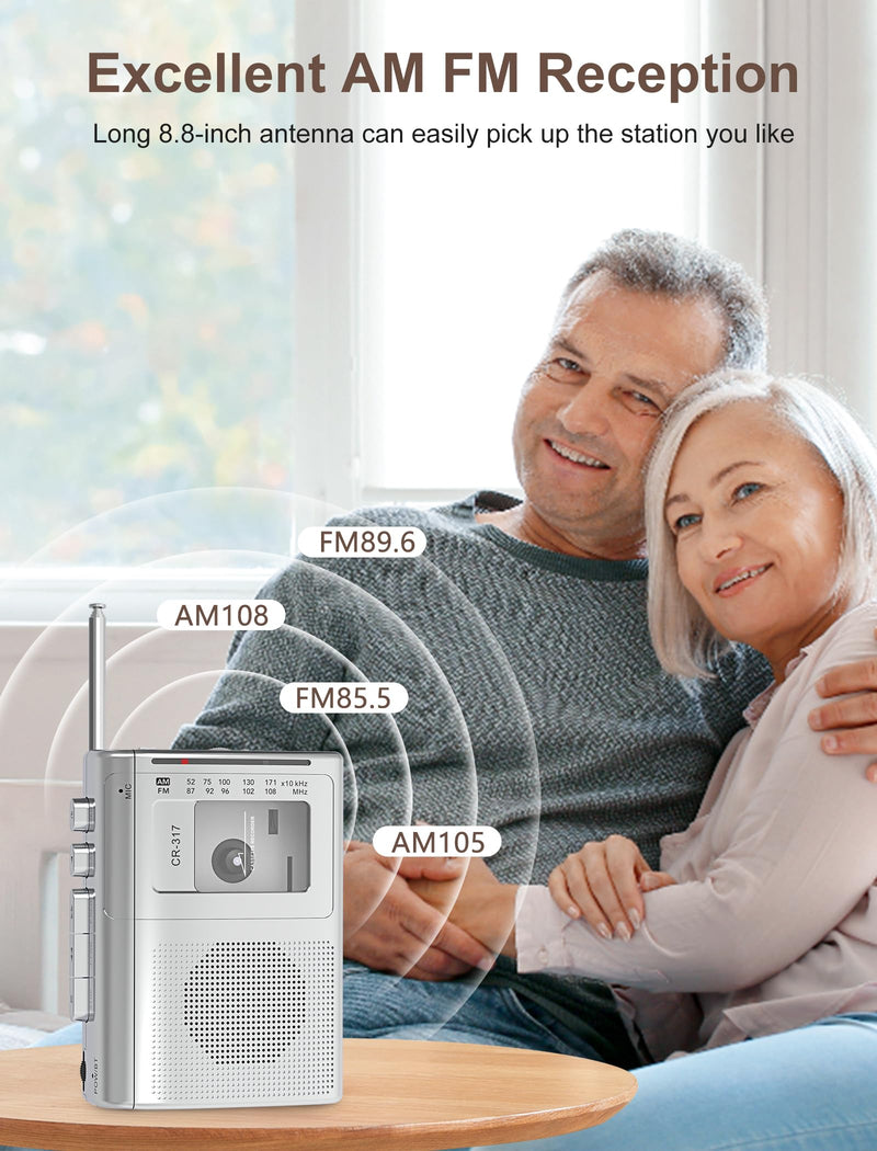 Cassette Player Recorder with Bluetooth Transmitter Walkman, Portable AM FM Cassette Player with Big Speaker, Stereo Earphone Jack, Support Microphone Recording, 2AA Battery or USB Power for Home Silver