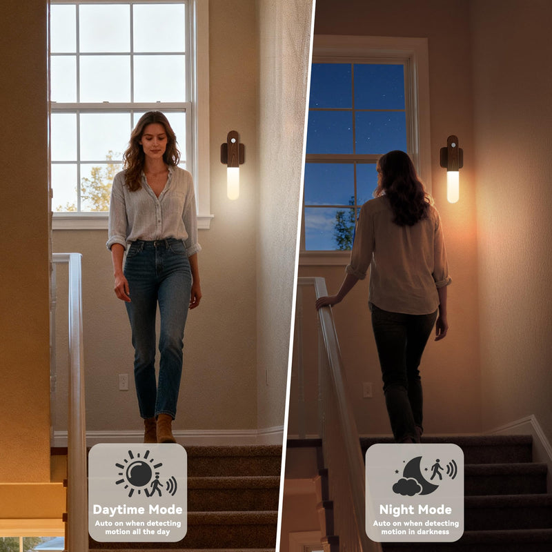 Battery Operated Motion Sensor Wall Sconces Set of 3, Motion Sensor Wall Light Wireless, Magnet Rechargeable LED Lights, Stairs Lights, Decor for Bedroom, Hallway, Living Room, Closet (Walnut Wood) Walnut Wood-3pcs（NEW）