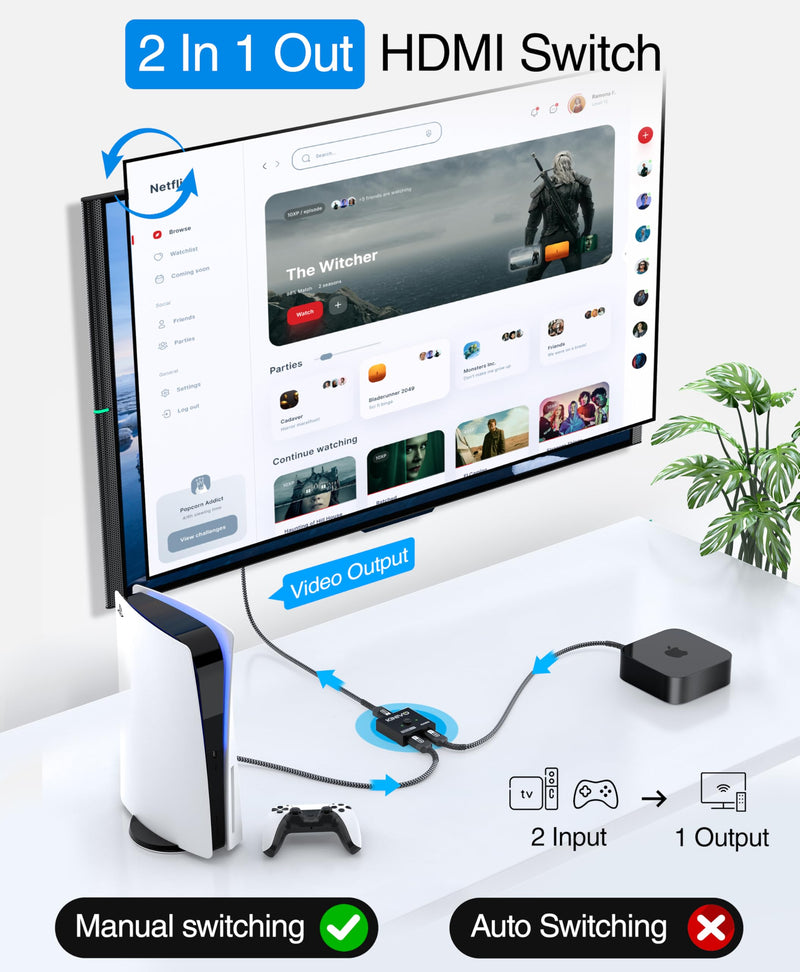 [AUSTRALIA] - Kinivo 8K HDMI Switch 2 in 1 Out - (Uni-Directional, 8K 60Hz, Ultra HD Switcher Hub, 48Gbps HDMI Hub, HDR10+ Selector, Manual Switching Only) - Compatible with HDTV, PS5/4, Xbox, Projector 8K - 2 Port 