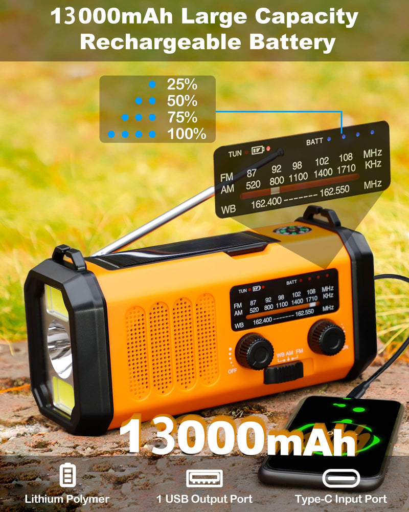 48100mWh/13000mAh Emergency Weather Radio, 4 Way Powered AM/FM/NOAA Portable Solar Crank Radio, Dynamo Phone Charger,700LM LED Flashlight/Reading Lamp,SOS,Compass for Hurricane Storm Camping Survival 13000mAh（Orange)