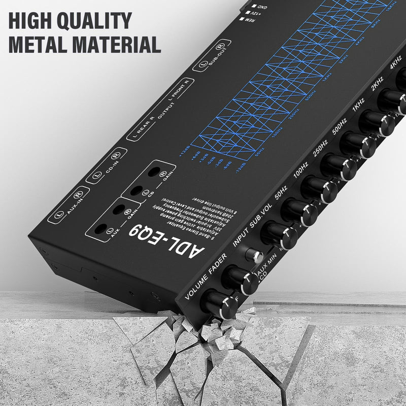 9 Band Car Audio Equalizer w/Front,Rear + Sub Output, 8V RMS Line Driver | Car Graphic Equalizer EQ, Frequency Adjustable Audio Output for Car, Boat W/CD/AUX Input, White Light Illumination 9 - Band