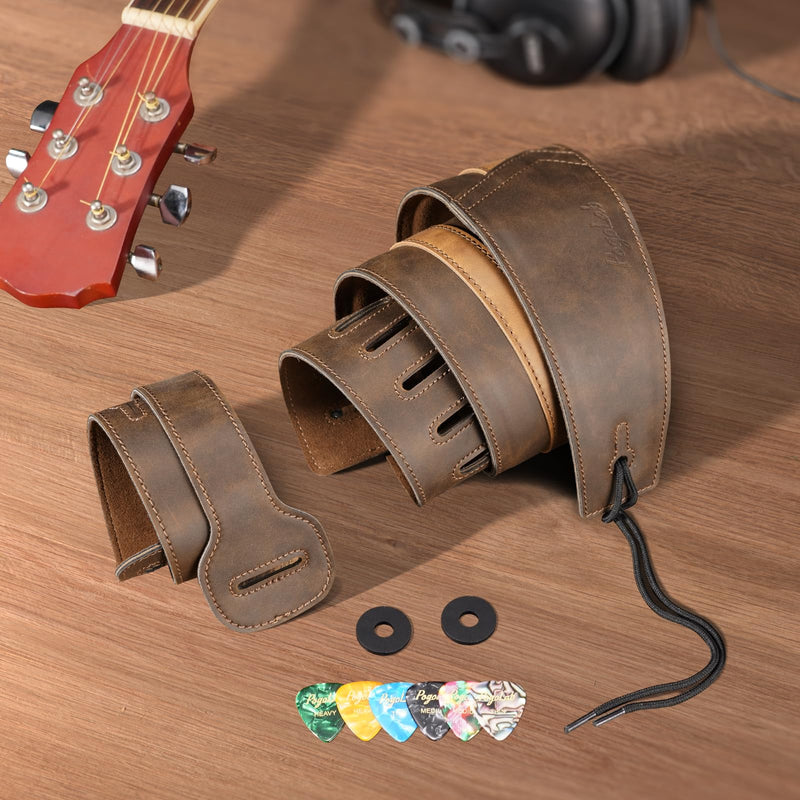 [AUSTRALIA] - Leather Guitar Strap, 3 inch Wide Comfortable Foam Cushion Padded Bass Strap, Adjustable Length from 51" to 57", with Strap Locks & Picks, for Bass/Electric/Acoustic Guitar (Brown) 