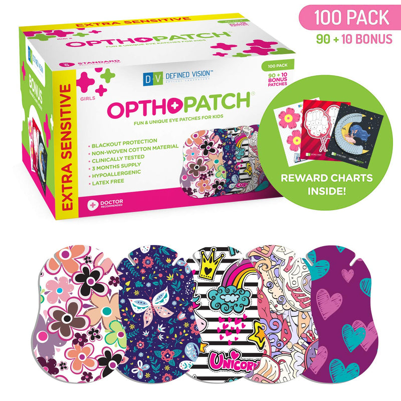 Opthopatch Kids Eye Patches - Fun Girls Design [Series II] - 90 + 10 Bonus Latex Free Hypoallergenic Cotton Adhesive Bandages for Amblyopia and Cross Eye - 3 Reward Chart Posters by Defined Vision