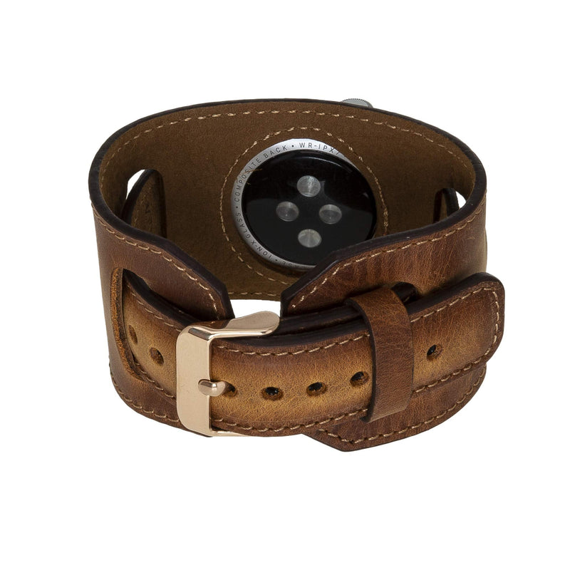 Venito Ancona Cuff Handmade Premium Leather Watch Band for Apple Watch iwatch Series 1,2,3,4,5,6,7,8,9,10,11 and SE 1,2,3 (45/44/42/41/40/38mm), (Antique Brown w/Rose Gold Connector&Clasp)