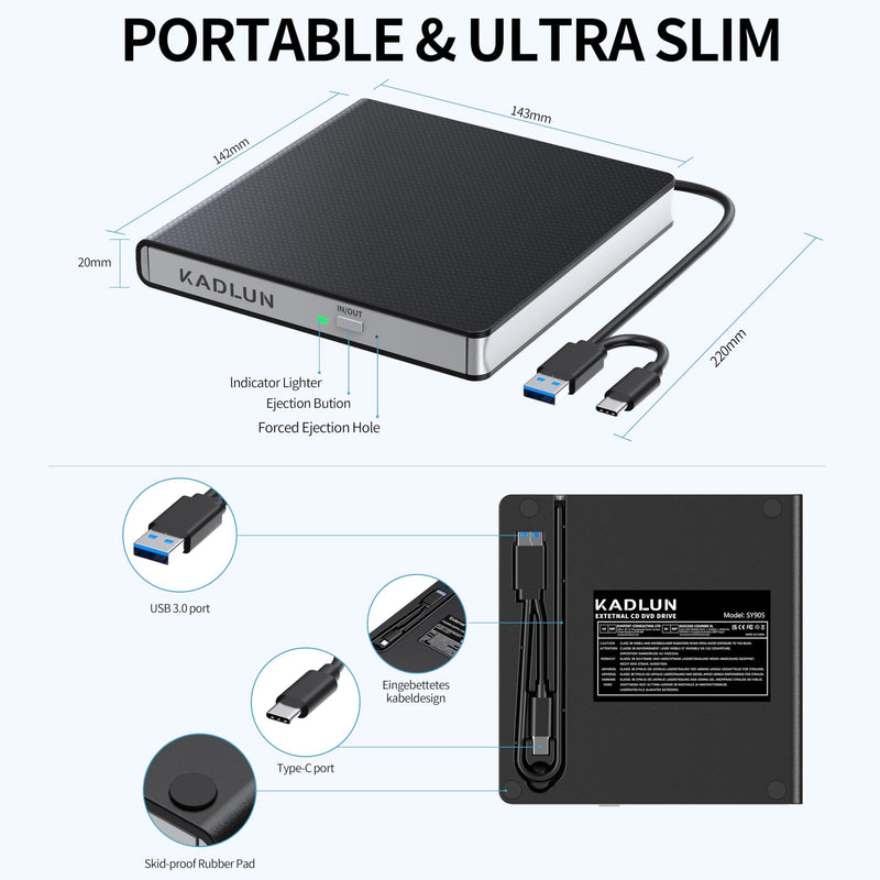 [AUSTRALIA] - External CD DVD Drive for Laptop USB 3.0 USB C CD Burner External DVD Drive Portable CD ROM Burner Reader Writer Drive External DVD Player for Laptop Desktop PC Windows 11/10/8/7 MacBook Mac OS Linux black-2 in 1 