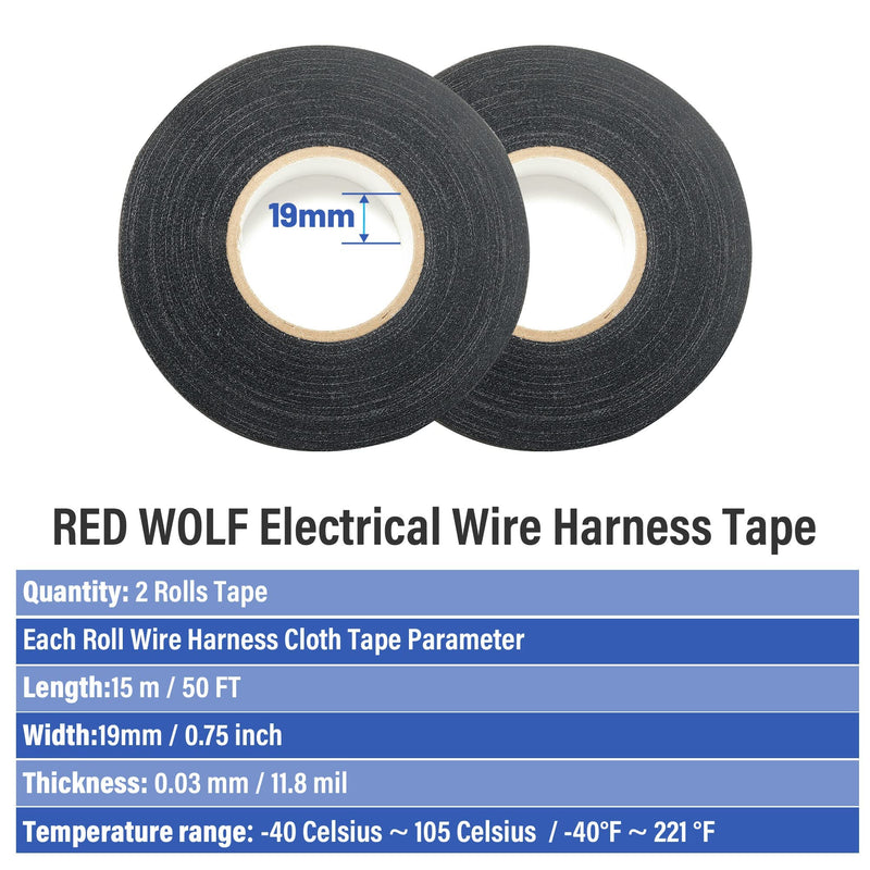 RED WOLF Wire Harness Tape Electric High Temp Wiring Cable Loom Adhesive Fabric Tape for Automobile Electrical Harness Wrap Noise Damping Protection Insulation Cable Fixed 3/4 Inch x 50 FT 2 Pack 2P-3/4" x 50 FT