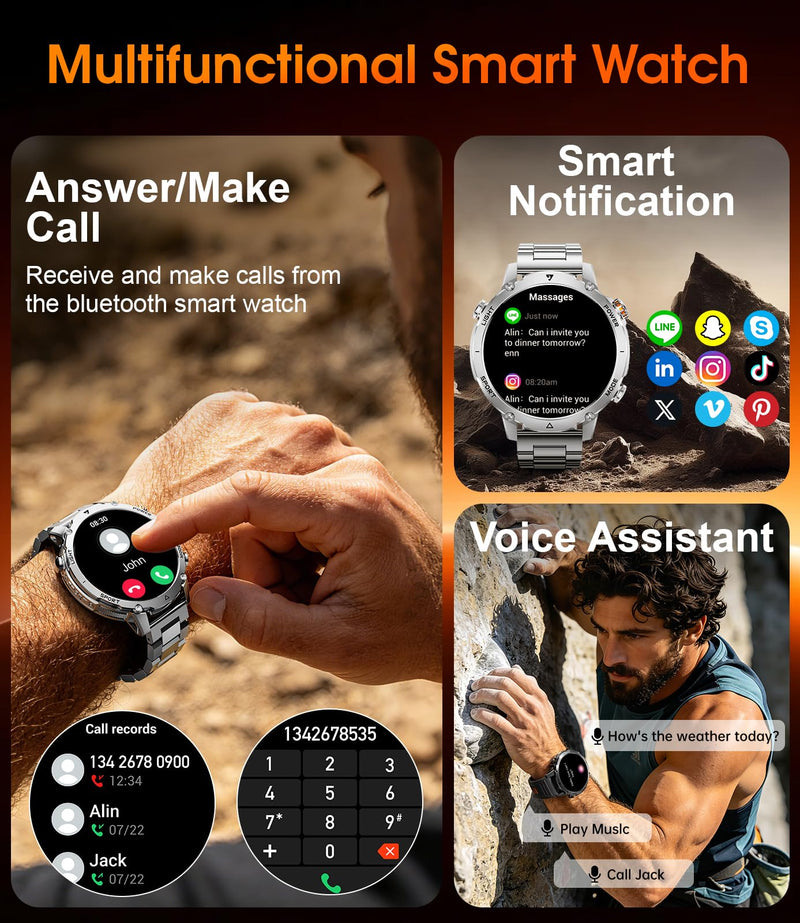 LIGE Military Smart Watch for Men, 1400mAh 60-Days Battery, 1.85" HD Smartwatch with LED Flashlight, 100+ Sports Mode, IP68 Waterproof, Pedometer, Fitness Watch for Android iOS (Sliver) Sliver
