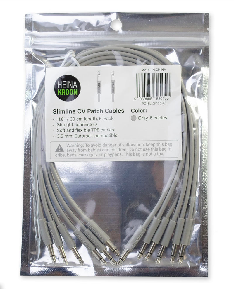 Heinakroon Slimline Gray CV Patch Cables 1/8", (NOT for Guitar) Eurorack Modular Patch Leads, 6-Pack (11.8") 11.8"