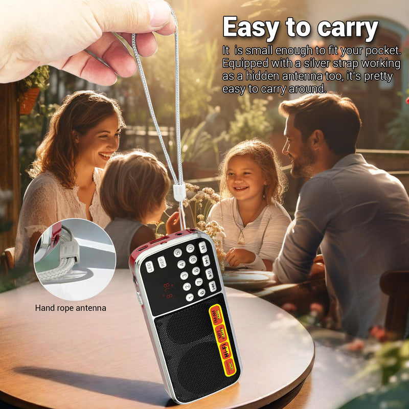 [AUSTRALIA] - Small Radios Portable AM FM:Battery Powered Radio Support USB Flash Disk/Micro SD Card MP3 Playback TF Card Slot Digital Buttons Bass Diaphragm Pocket Radio with Excellent Reception and Sound Quality red 