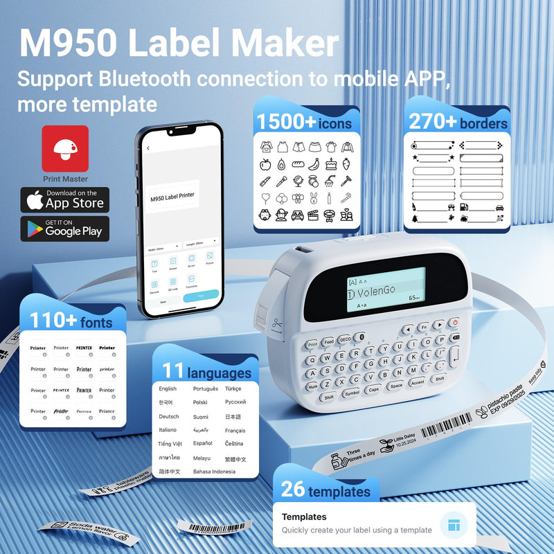 [AUSTRALIA] - M950 Label Maker, Label Maker Machine with-Tape 12mm White, Portable Bluetooth Labeler with Backlit-LCD, Handheld Rechargeable Label Makers, Inkless Labeling Maker for School Office Organization 