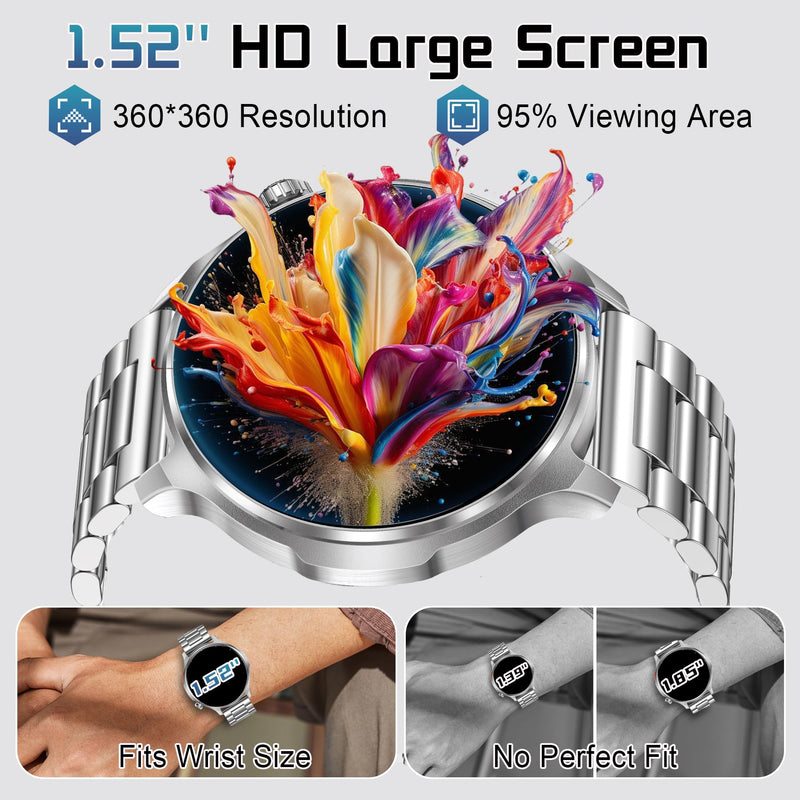Military Smart Watch for Men 1000mAh Battery 1.52" HD Screen | Answer/Make Calls, IP68 Waterproof, 100+ Sports Modes, Sleep/Health Monitoring, Compatible iOS Android, Silver
