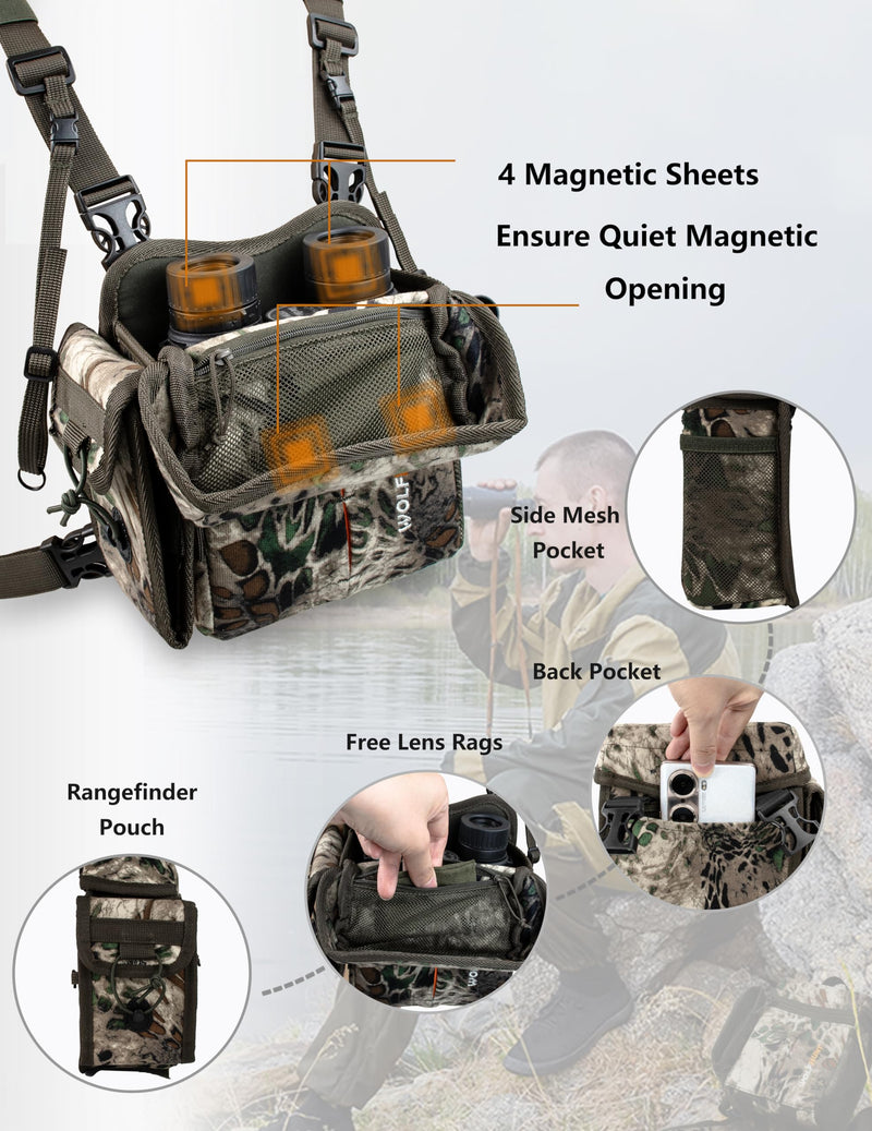 Binocular Harness Chest Pack Magnetic Closure, Bino Case with Detachable Rangefinder Pouch, Camouflage Bino Bag with Adjustable Strap for Hunting, Field Observation Camo MP Medium