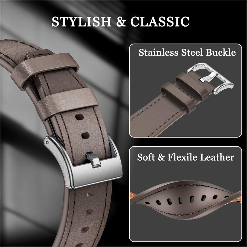 Stainless Steel Case and Leather Band Compatible with Apple Watch 44/42mm | Genuine Leather Apple Watch Strap and Metal Cover for iWatch Series 6 5 4 SE 44mm,Series 3 2 1 42mm for Men, Coffee/Silver 44/42mm (Series 6/5/4/Se/3/2/1)