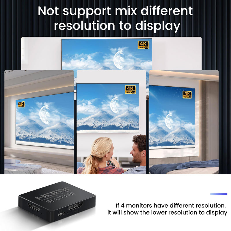 avedio links HDMI Splitter 1 in 4 Out with HDMI Cable, 4K HDMI Splitter 1X4 Mirror Screen, USB Power Splitter 1 Input 4 Output Support 4KX2K, 1080P@60Hz, 3D, HDR, 1 Source to 4 HDMI displays 1x4 4K@30Hz