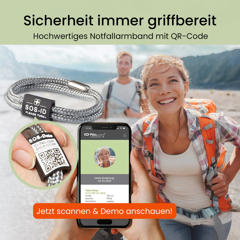 SOS-ID Lifestyle Emergency Bracelet Made of Heavy Duty Sailing Rope with QR Code (M/Silver) - Durable & Waterproof SOS Bracelet for Emergencies - Quick Access to Health Data Medium silver