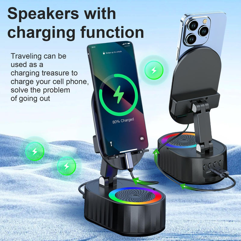 [AUSTRALIA] - Wireless Induction Audio Bluetooth Speaker 5in1 Phone Holder Emergency Rechargeable (3000mAh) with Colorful Ambient Light 300° Foldable for Tablet iPhone Android, Gifts for Men Women (Black) Black 