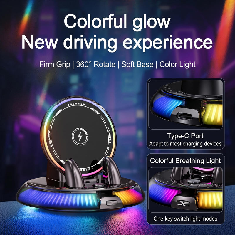 Wireless Car Charger Phone Holder for Dashboard,One-Hand Operation 15W | Fast Charging for MagSafe iPhone , 7-Color RGB Light On/Off, 360° Rotating View, Automatic Dual-Hook Locking
