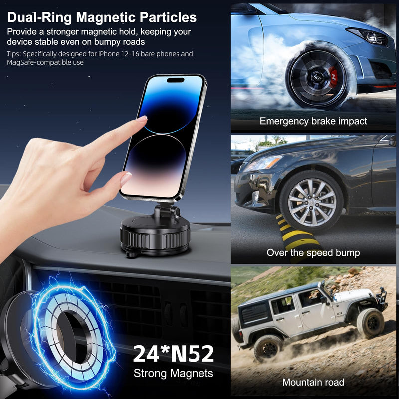Jikasho Vacuum Magnetic Car Phone Holder for Magsafe, Hands-Free 360° Adjustable Suction Cup Phone Mount for Car/Gym/Mirror/Smooth Surface, Compatible with iPhone & Android (Black-360° Rotating Base)