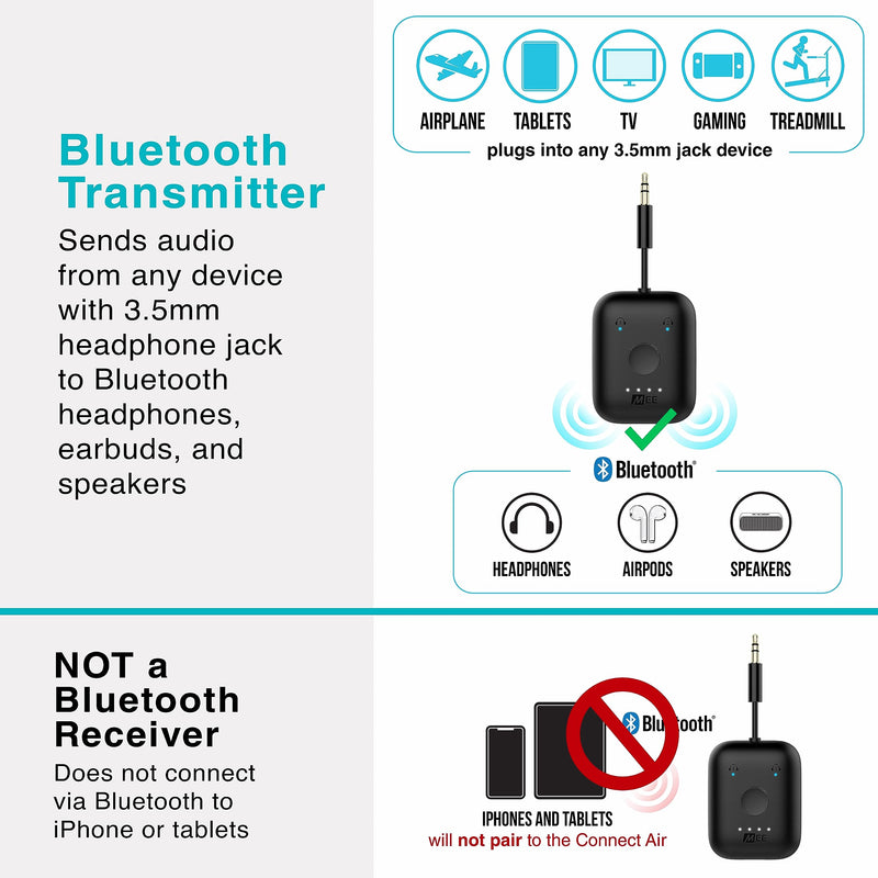 [AUSTRALIA] - MEE Audio Connect Air in-Flight Bluetooth Wireless Audio Transmitter Adapter for up to 2 AirPods/Other Headphones; Works with All 3.5mm Aux Jacks on Airplanes, Gym Equipment, TVs, & Gaming Consoles Black 
