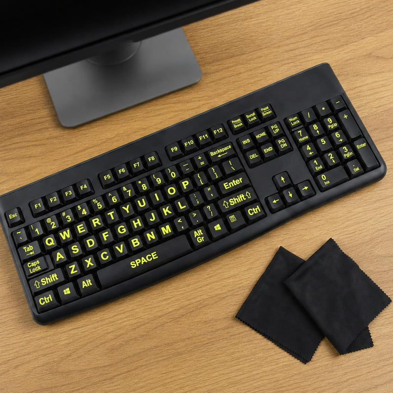 2PCS Large English Keyboard Stickers for PC Computer Desktop Keyboards | Yellow Lettering Black Background Replacement Keyboard Stickers, With 2 Cleaning Cloth